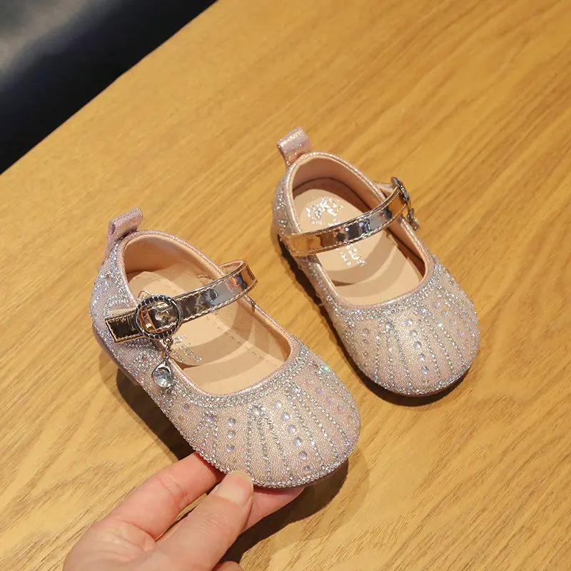 Spring Autumn Kids Girls Leather Rhinestone Princess Casual Dress Flats for Wedding Party
