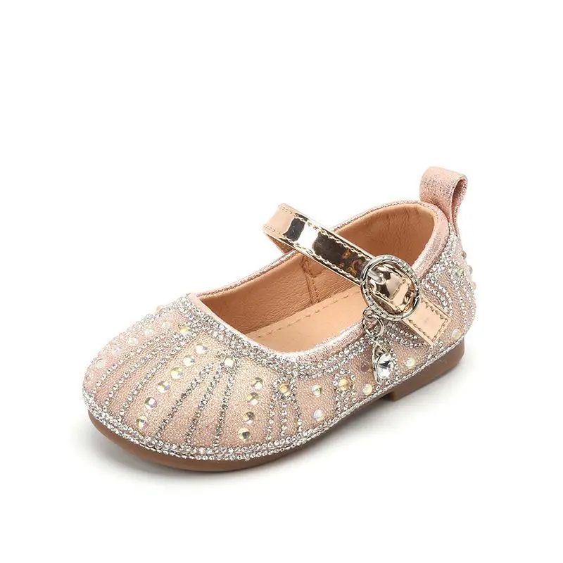 Spring Autumn Kids Girls Leather Rhinestone Princess Casual Dress Flats for Wedding Party