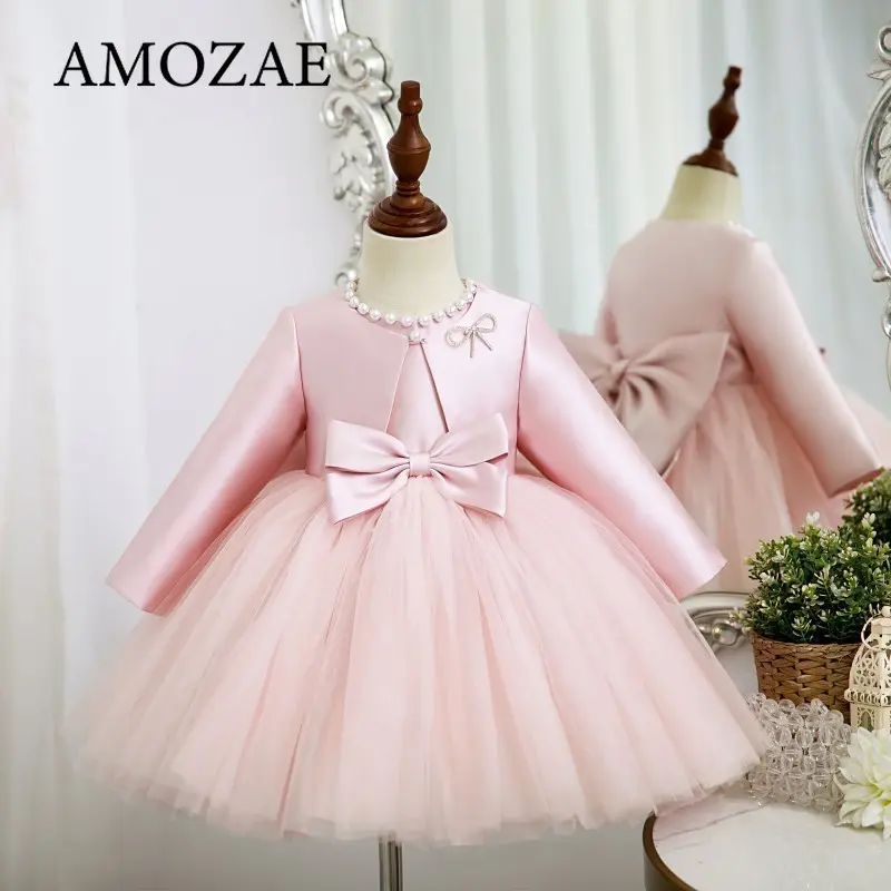 Spring Autumn Baby Girl Dress Round Collar Pink Sleeveless Princess Dresses+Long Sleeves Coat Party Wedding Formal Clothes