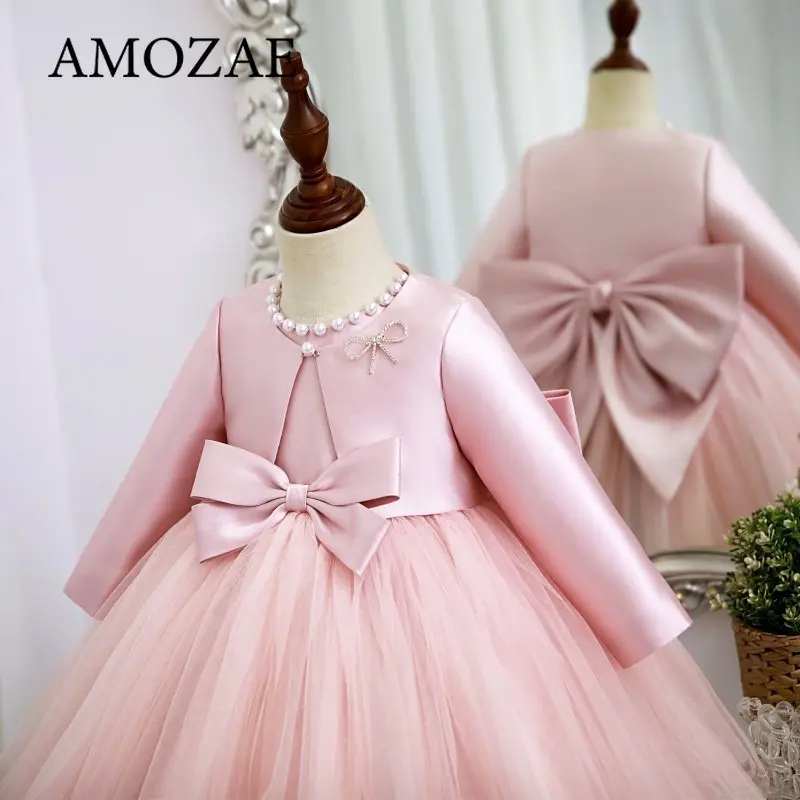 Spring Autumn Baby Girl Dress Round Collar Pink Sleeveless Princess Dresses+Long Sleeves Coat Party Wedding Formal Clothes
