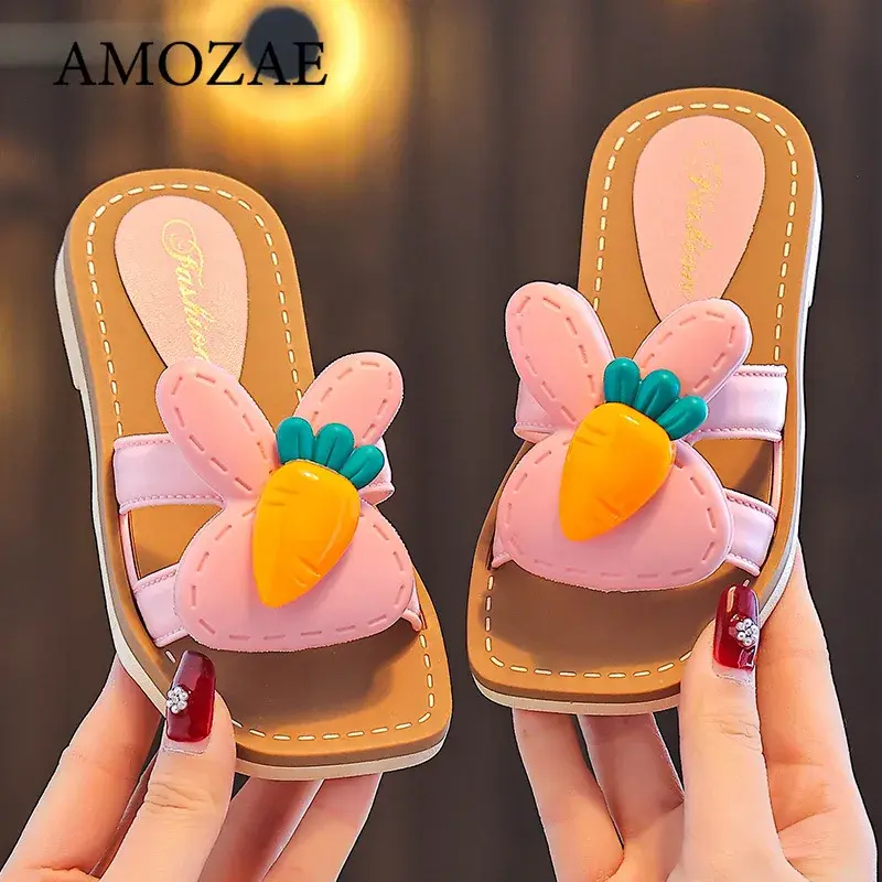 Fashion Children Girls Slippers Letter M Flowers Carrot Cute Beach Slipper Summer Indoor Outdoor Sole Non-slip Daily Dress Shoes