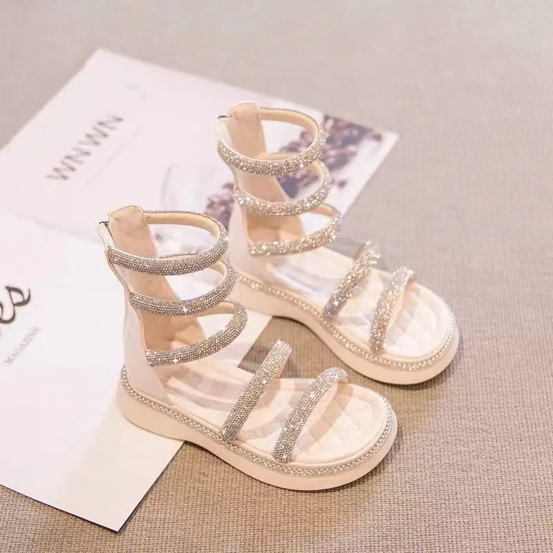 Summer Girls Rhinestone Open Toe PU Princess Sandals High Profile Wedding Party Shoes for Children