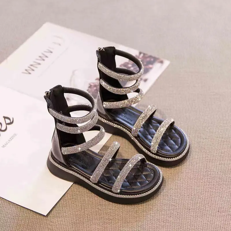 Summer Girls Rhinestone Open Toe PU Princess Sandals High Profile Wedding Party Shoes for Children