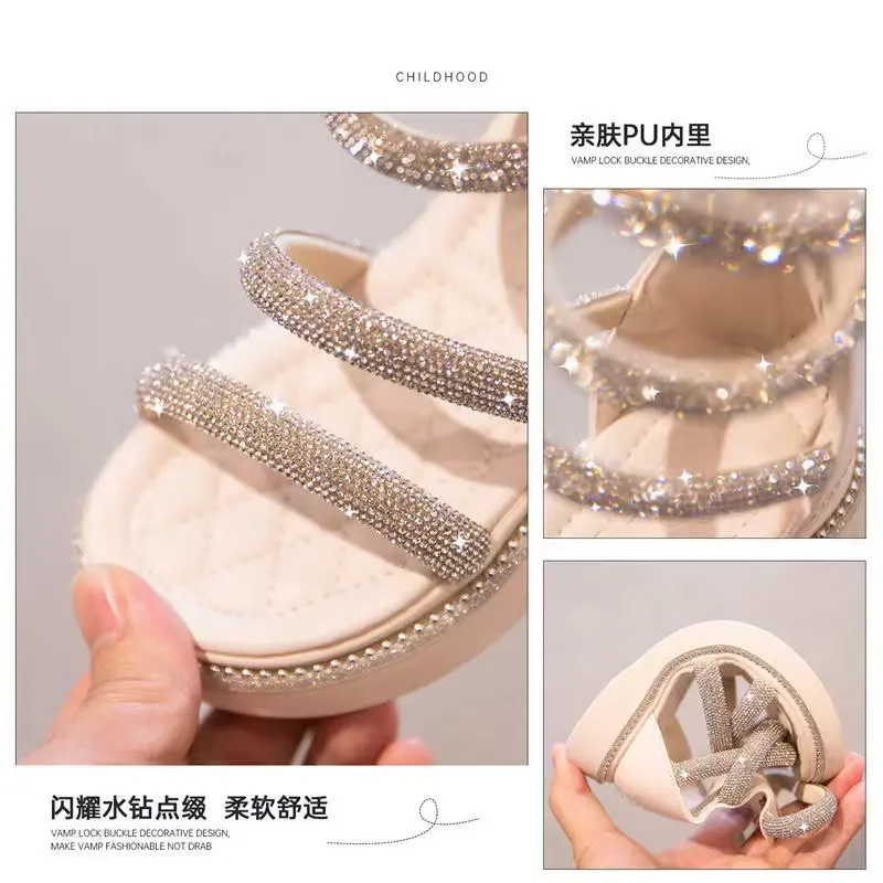 Summer Girls Rhinestone Open Toe PU Princess Sandals High Profile Wedding Party Shoes for Children