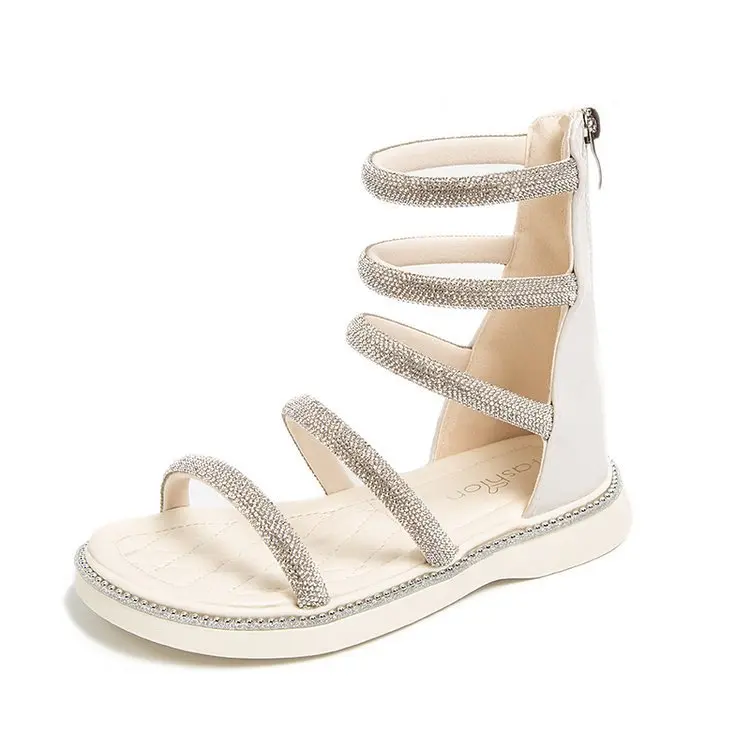 Summer Girls Rhinestone Open Toe PU Princess Sandals High Profile Wedding Party Shoes for Children