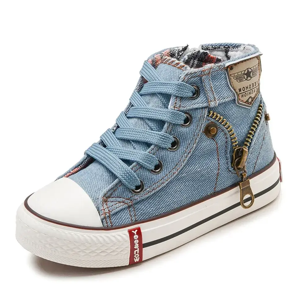 Children's Solid Color Canvas Shoes Sewing Thread Denim Kids Fashion Round Toe Outdoor Soft Sole Simple Retro Style Shoes