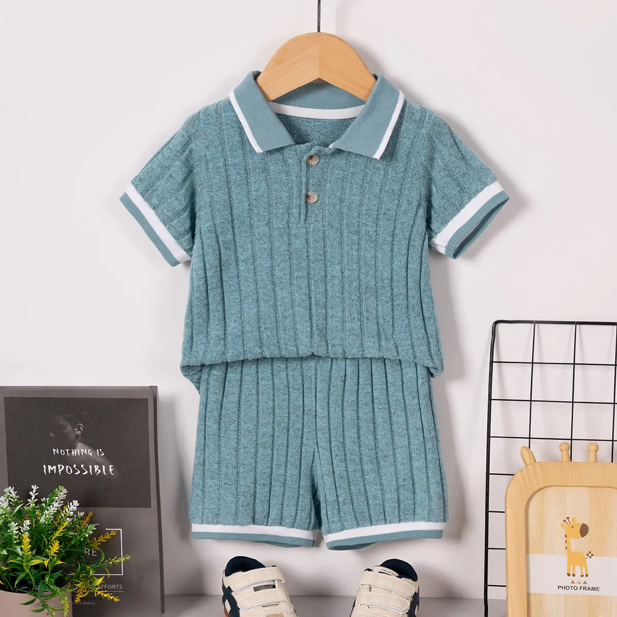 Boys Summer Short Sleeve Ribbed Set with Lapel Collar Contrast Color TShirt and Elastic Waist Solid Shorts for Daily Wear