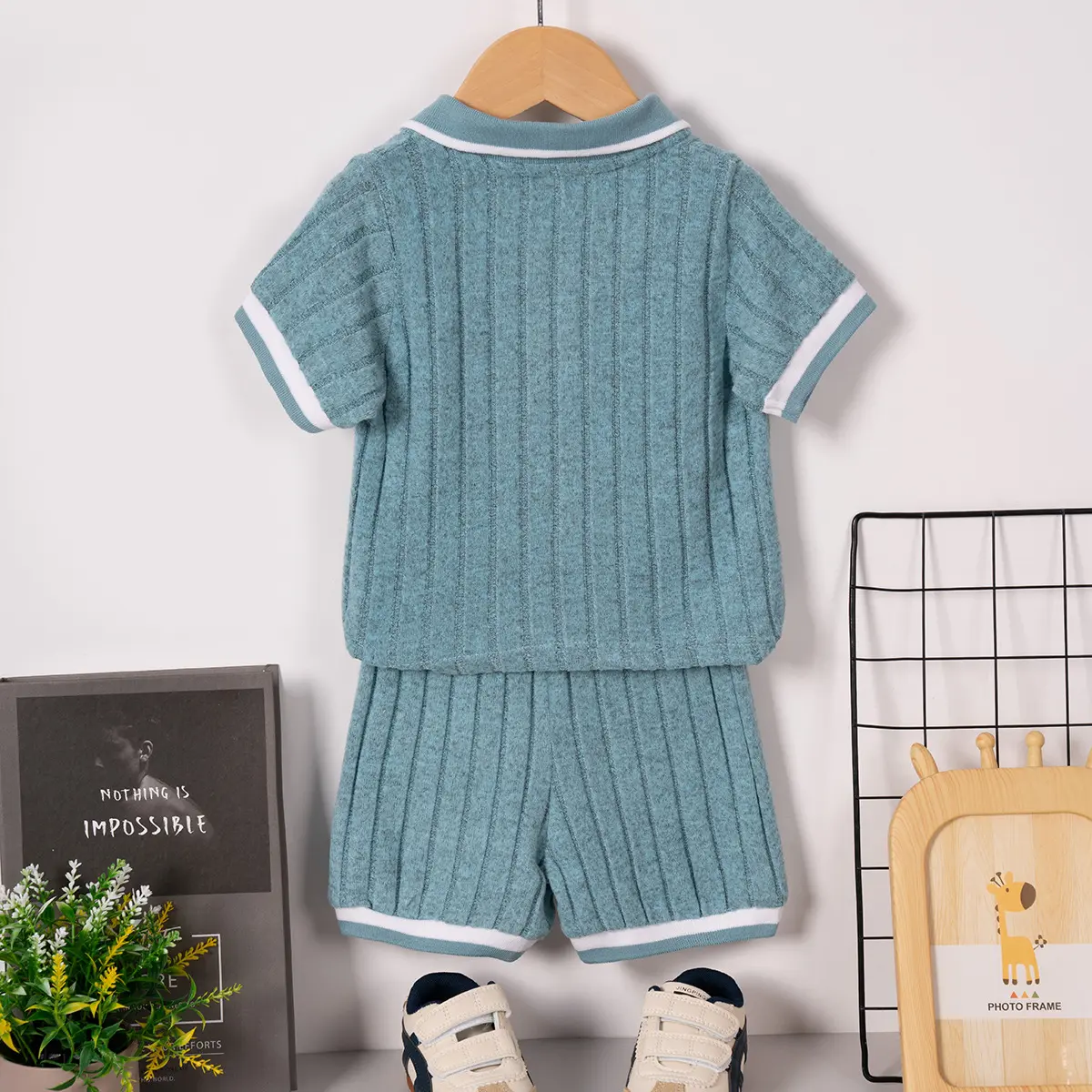 Boys Summer Short Sleeve Ribbed Set with Lapel Collar Contrast Color TShirt and Elastic Waist Solid Shorts for Daily Wear