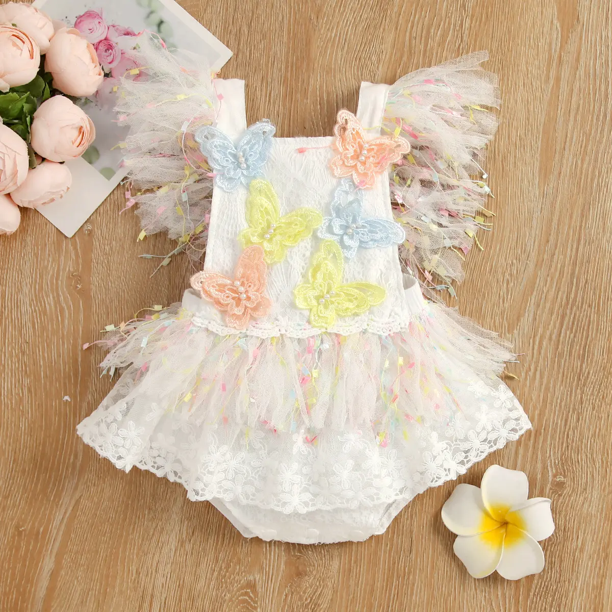 Flower Summer Baby Girls Romper Princess Mesh Newborn Clothes Lace Patchwork Ruffle Bodysuit Dress Headband Kids Clothing