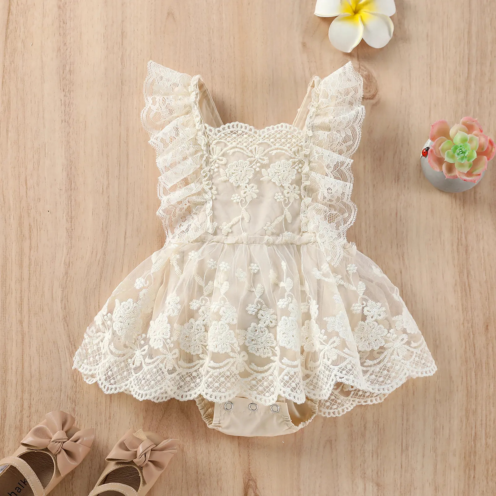 Flower Summer Baby Girls Romper Princess Mesh Newborn Clothes Lace Patchwork Ruffle Bodysuit Dress Headband Kids Clothing