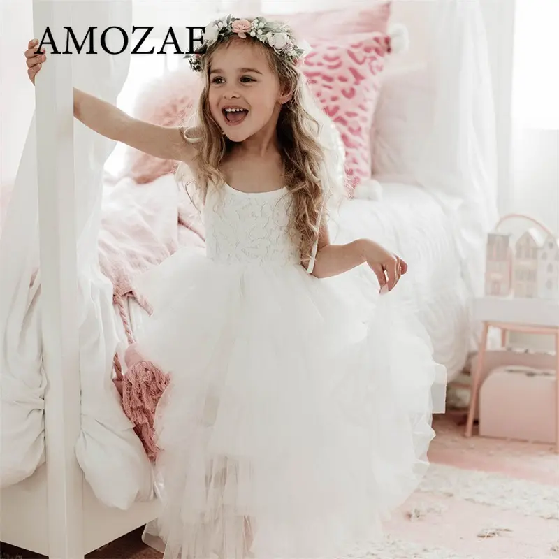 Children Girls Lace Dress for Summer Flower Wedding Party Kids Dresses for Girls Pearls Tulle Princess Children's Dresses