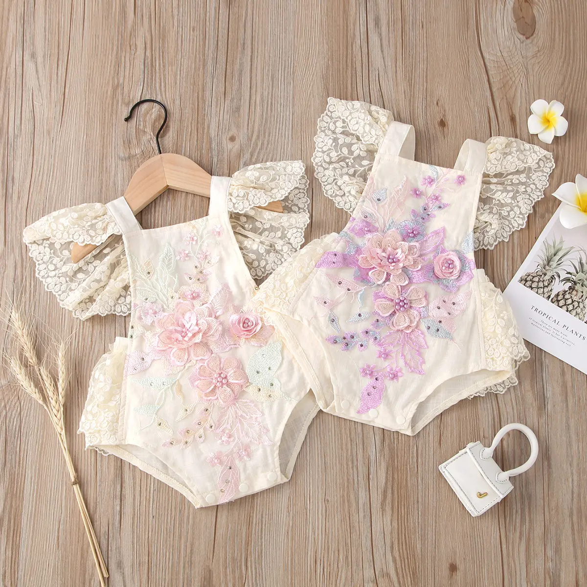 Flower Summer Baby Girls Romper Princess Mesh Newborn Clothes Lace Patchwork Ruffle Bodysuit Dress Headband Kids Clothing