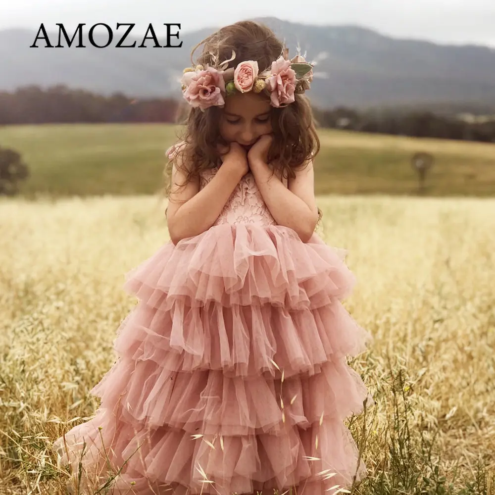 Children Girls Lace Dress for Summer Flower Wedding Party Kids Dresses for Girls Pearls Tulle Princess Children's Dresses