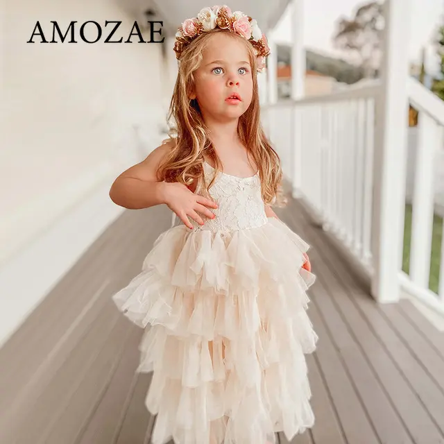 Children Girls Lace Dress for Summer Flower Wedding Party Kids Dresses for Girls Pearls Tulle Princess Children's Dresses