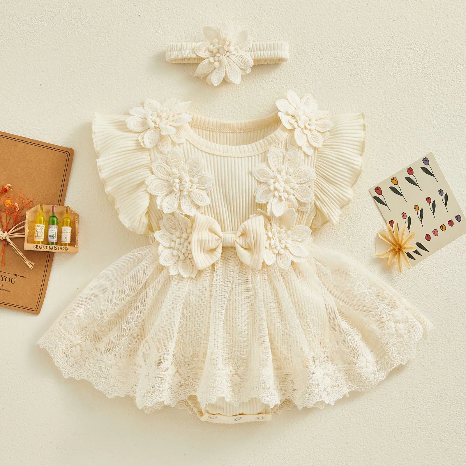 Flower Summer Baby Girls Romper Princess Mesh Newborn Clothes Lace Patchwork Ruffle Bodysuit Dress Headband Kids Clothing