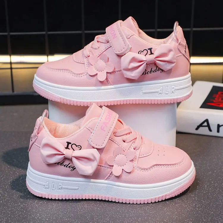 Girls Sneakers Pink Bow Decoration 3D Flowers Cute Sports Shoes Spring Autumn Breathable Casual Non-slip Outdoors Board Shoes