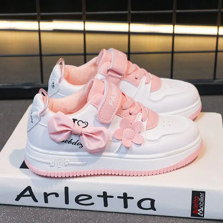 Girls Sneakers Pink Bow Decoration 3D Flowers Cute Sports Shoes Spring Autumn Breathable Casual Non-slip Outdoors Board Shoes