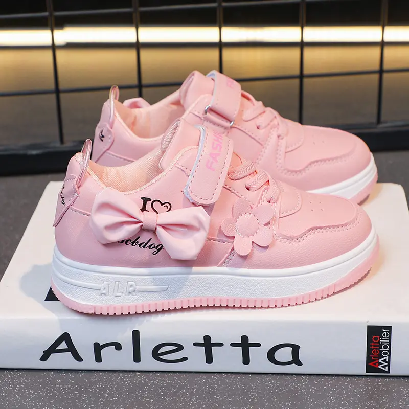 Girls Sneakers Pink Bow Decoration 3D Flowers Cute Sports Shoes Spring Autumn Breathable Casual Non-slip Outdoors Board Shoes