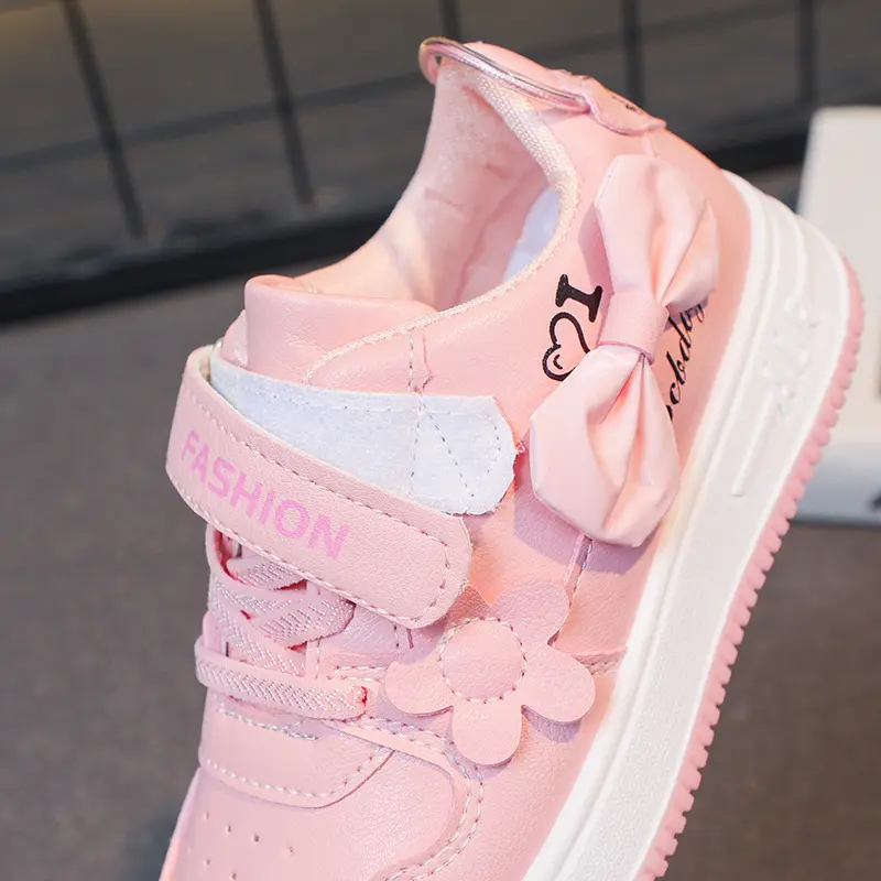 Girls Sneakers Pink Bow Decoration 3D Flowers Cute Sports Shoes Spring Autumn Breathable Casual Non-slip Outdoors Board Shoes