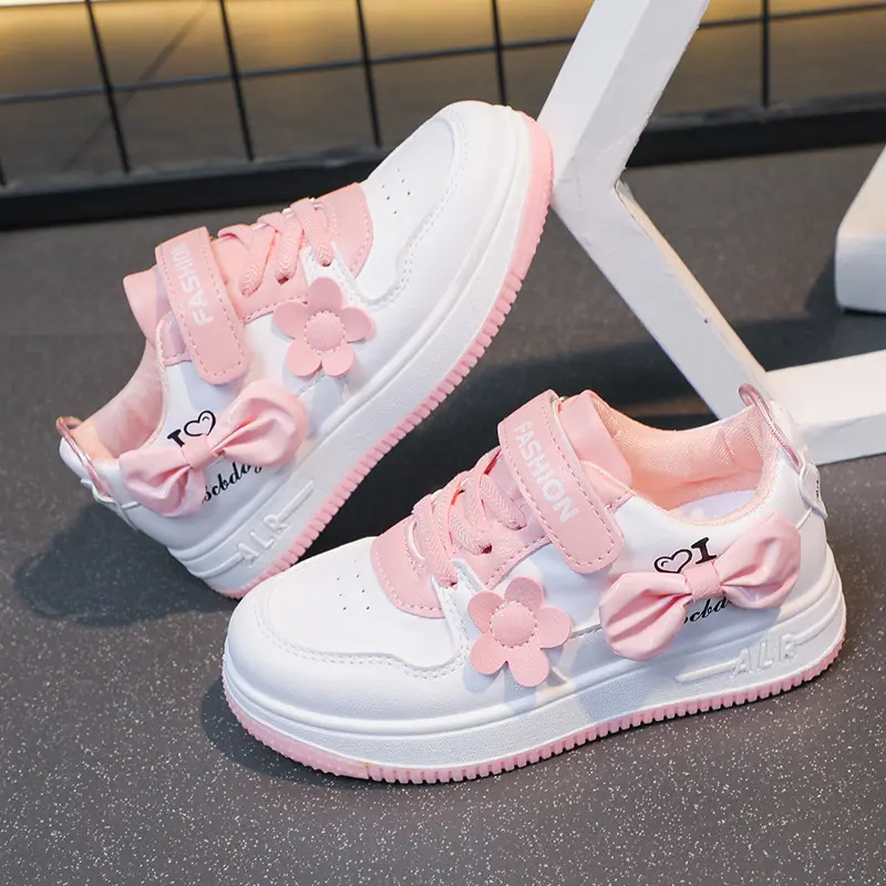 Girls Sneakers Pink Bow Decoration 3D Flowers Cute Sports Shoes Spring Autumn Breathable Casual Non-slip Outdoors Board Shoes