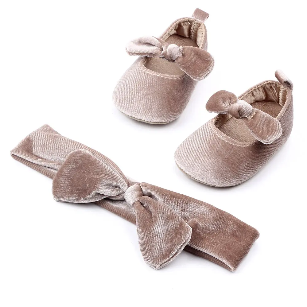 New Baby Shoes Baby Girl Shoes Princess Girl Shoes With Bowknot Hair Band Rubber Sole Anti-slip Toddler First Walkers Infant