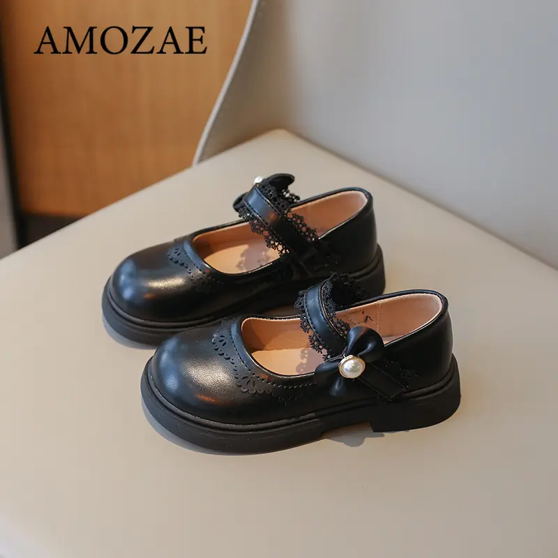 Classic Patent Leather Dress Shoes for Girls Child Chic Bowtie Party Dance Loafers Kids Back to School Oxford Flats Black Beige
