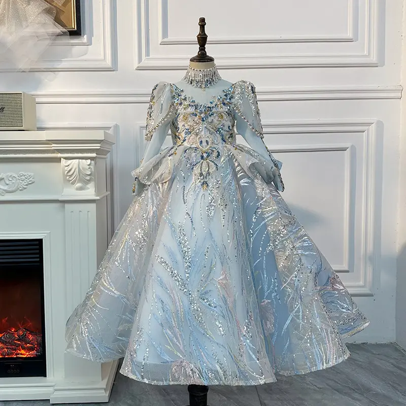 Childrens Catwalk Dress for Girls Fluffy Yarn Princess Gown Kids Piano Performance Outfit Cute Party Clothes Girl Princess