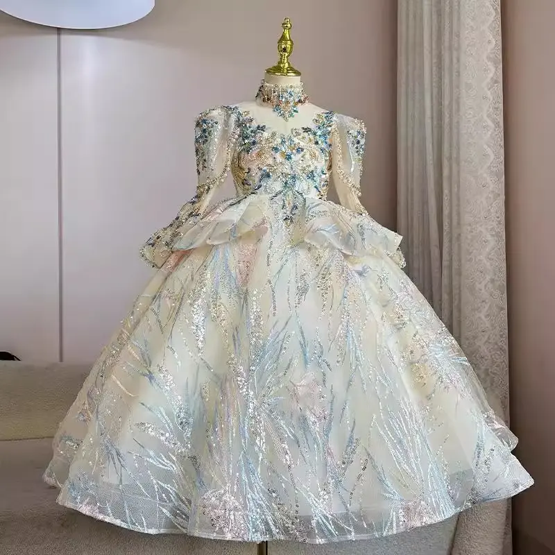 Childrens Catwalk Dress for Girls Fluffy Yarn Princess Gown Kids Piano Performance Outfit Cute Party Clothes Girl Princess