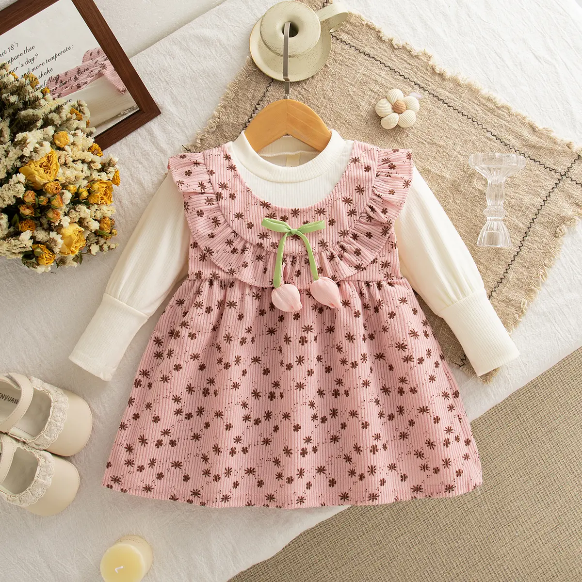Spring And Autumn New Baby Girls' Dress Sweet Bow And Floral Patterns For Children's Long Sleeved Clothing(6-24 Months)