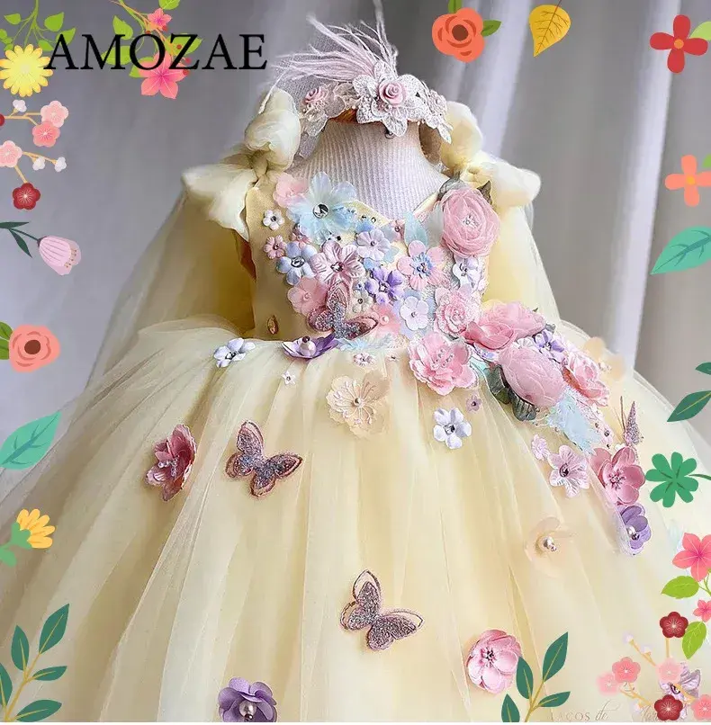Girl's Princess Luxurious Elegant Butterfly Girl Princess Dress Embroidered Flower Formal Anniversary Celebration Fluffy Dress