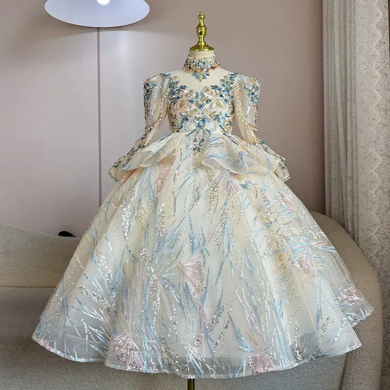 Childrens Catwalk Dress for Girls Fluffy Yarn Princess Gown Kids Piano Performance Outfit Cute Party Clothes Girl Princess