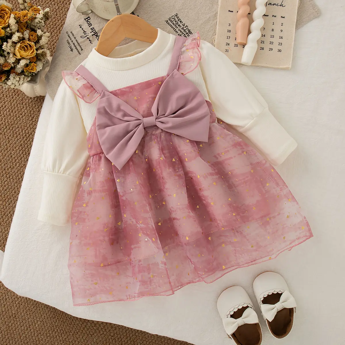 Spring And Autumn New Baby Girl Dress Long Sleeve Sweet Bow Princess Style Children'S Clothing (9 Months -3 Years Old)