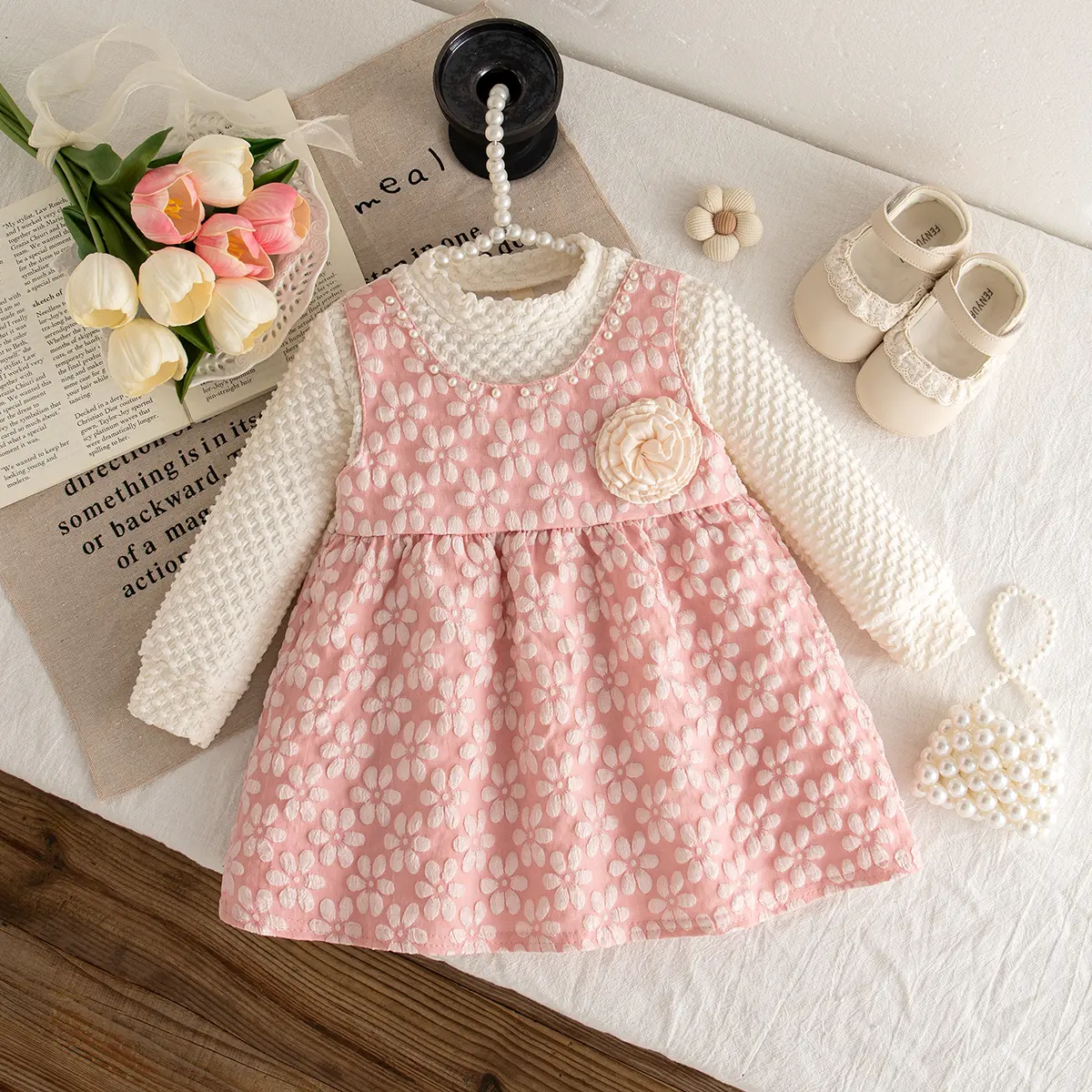 New Spring And Autumn Baby Girl Dress Sweet Flower Long Sleeve Imitation Two Piece Children'S Clothing (6-24 Months)