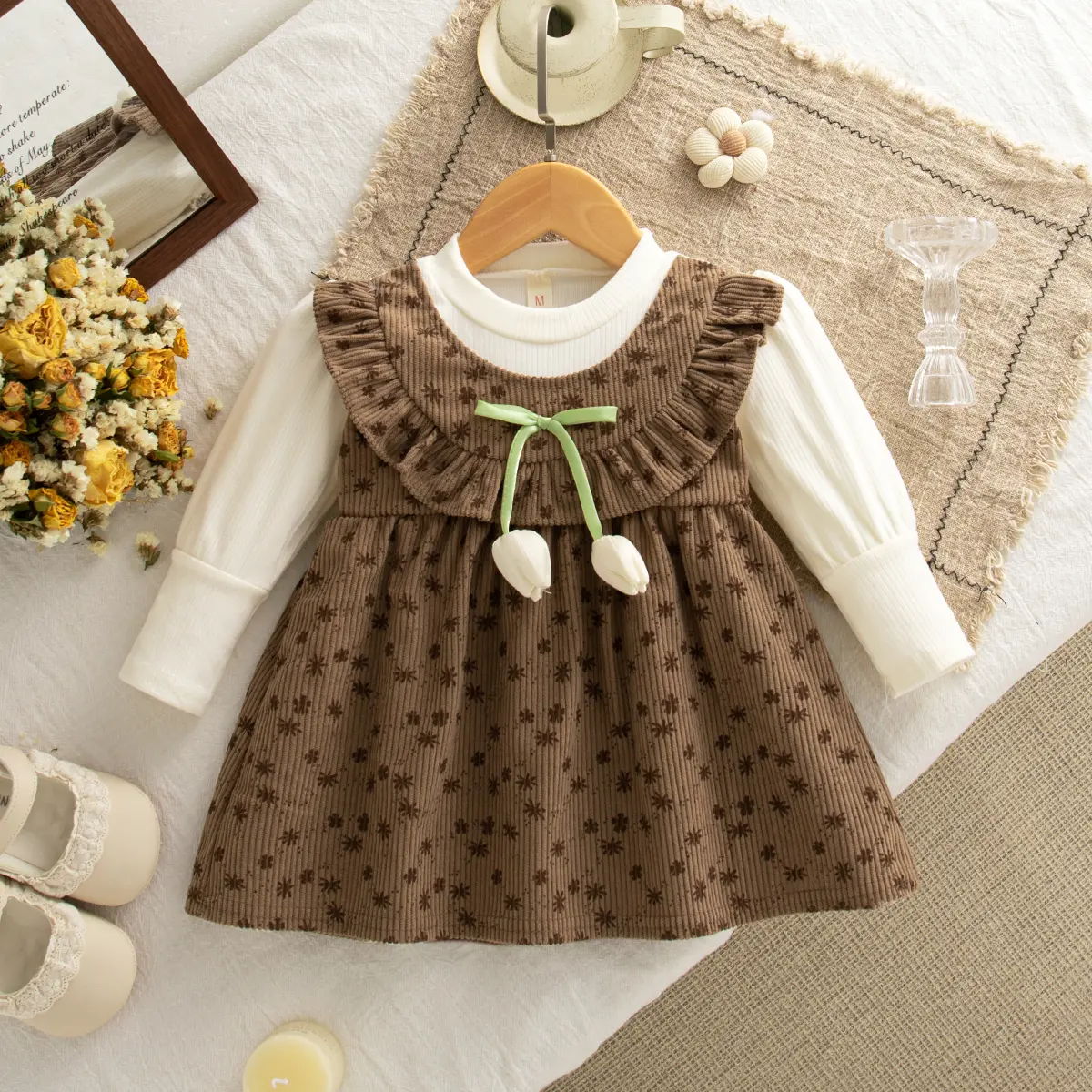 Spring And Autumn New Baby Girls' Dress Sweet Bow And Floral Patterns For Children's Long Sleeved Clothing(6-24 Months)