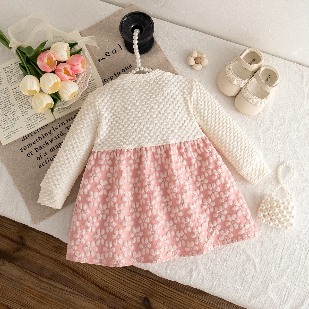 New Spring And Autumn Baby Girl Dress Sweet Flower Long Sleeve Imitation Two Piece Children'S Clothing (6-24 Months)