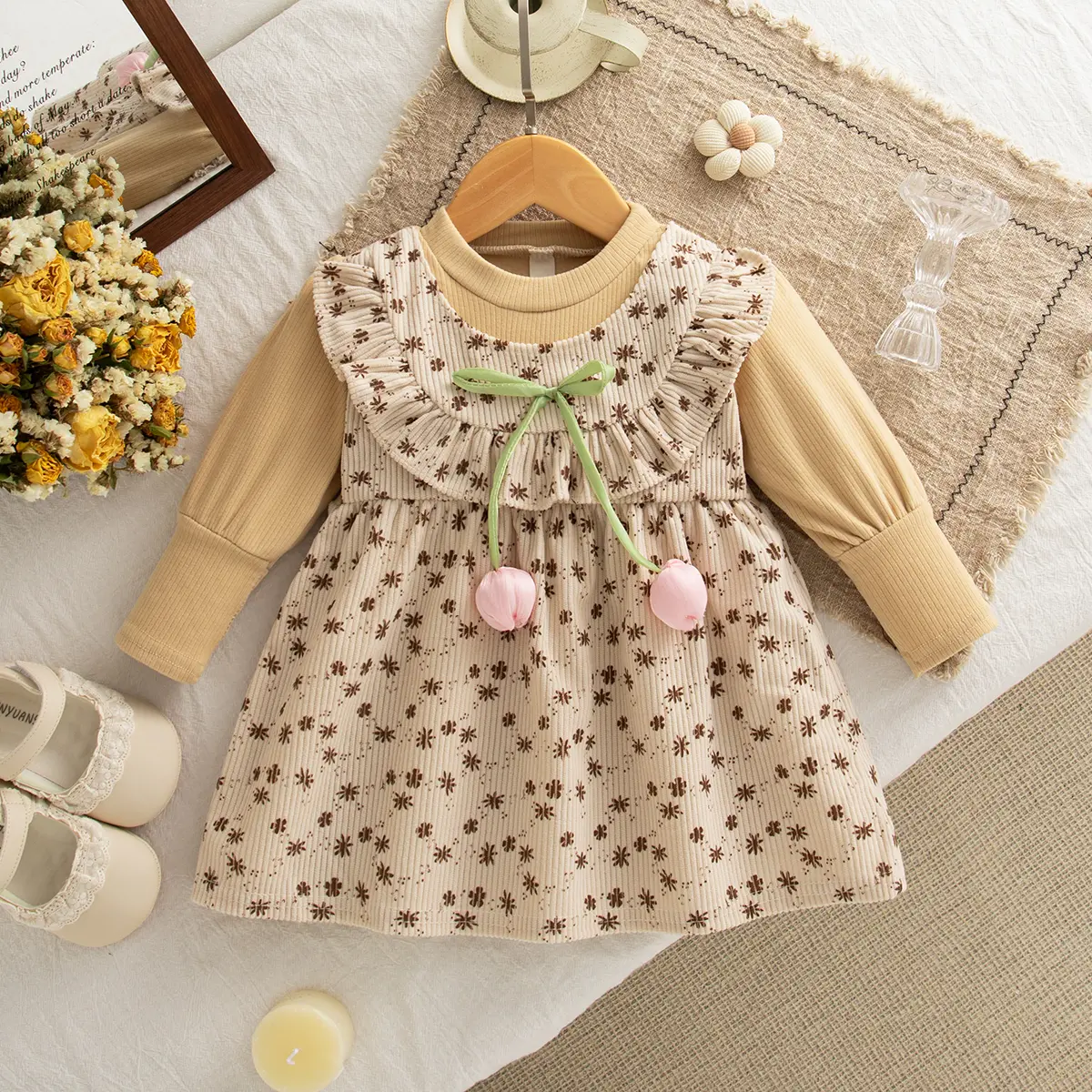 Spring And Autumn New Baby Girls' Dress Sweet Bow And Floral Patterns For Children's Long Sleeved Clothing(6-24 Months)