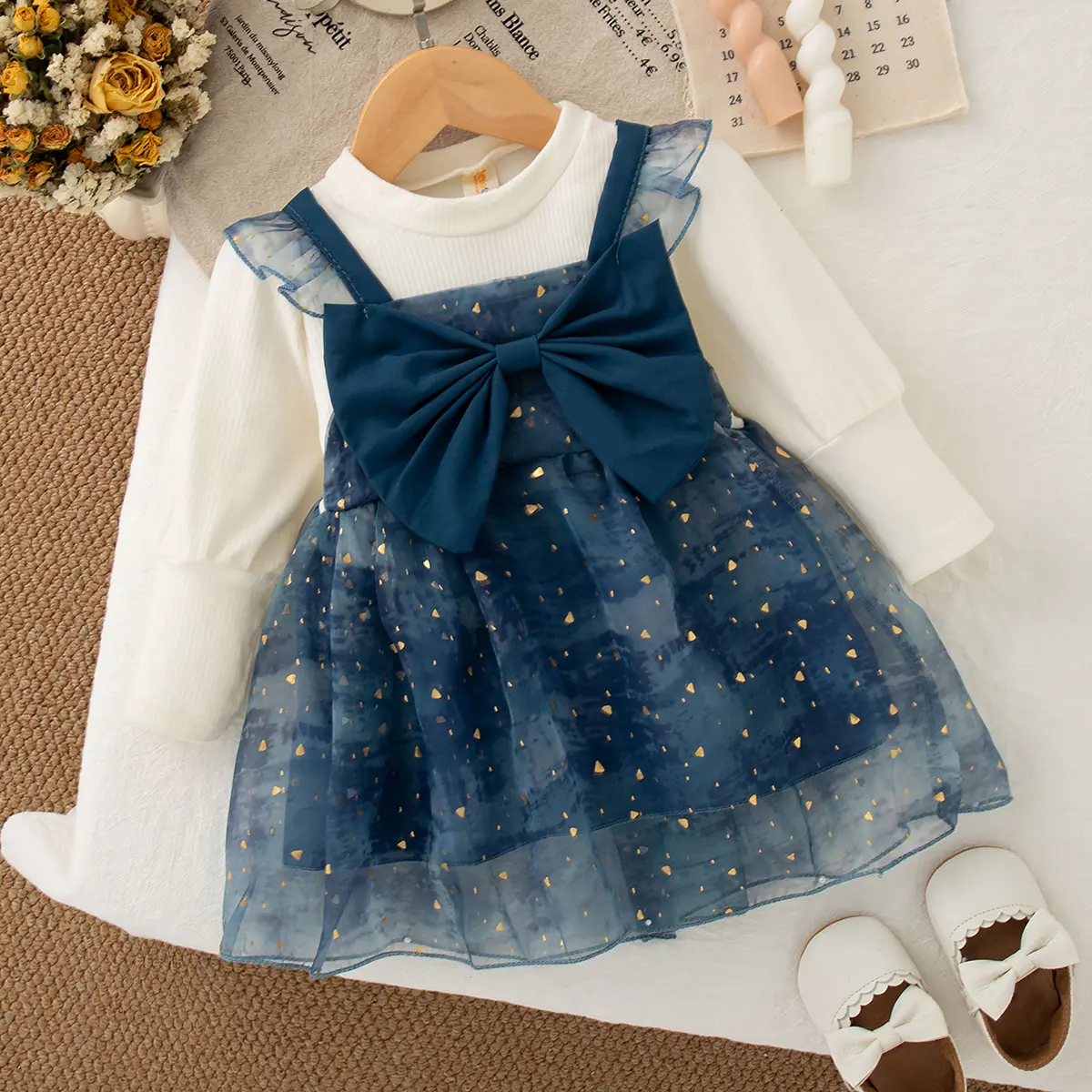 Spring And Autumn New Baby Girl Dress Long Sleeve Sweet Bow Princess Style Children'S Clothing (9 Months -3 Years Old)