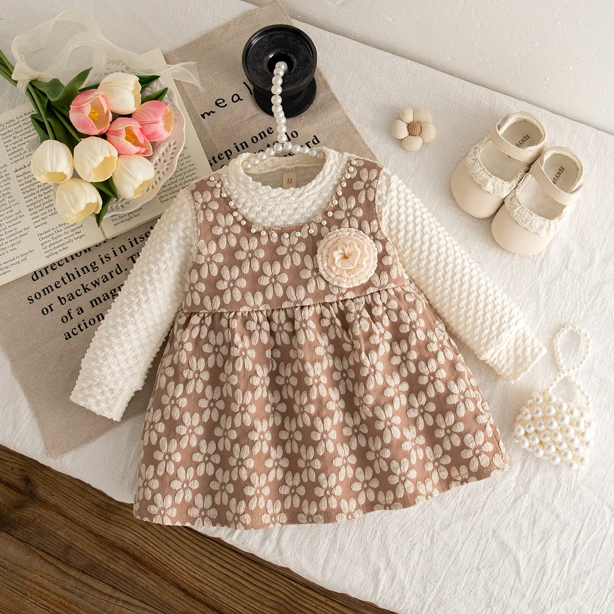New Spring And Autumn Baby Girl Dress Sweet Flower Long Sleeve Imitation Two Piece Children'S Clothing (6-24 Months)