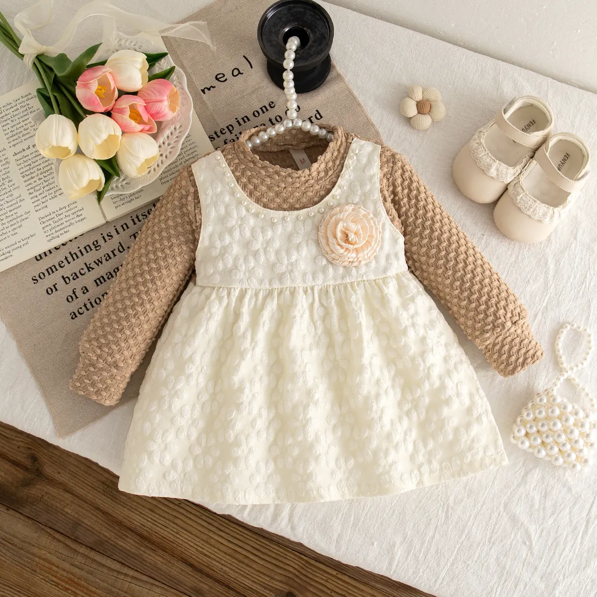 New Spring And Autumn Baby Girl Dress Sweet Flower Long Sleeve Imitation Two Piece Children'S Clothing (6-24 Months)