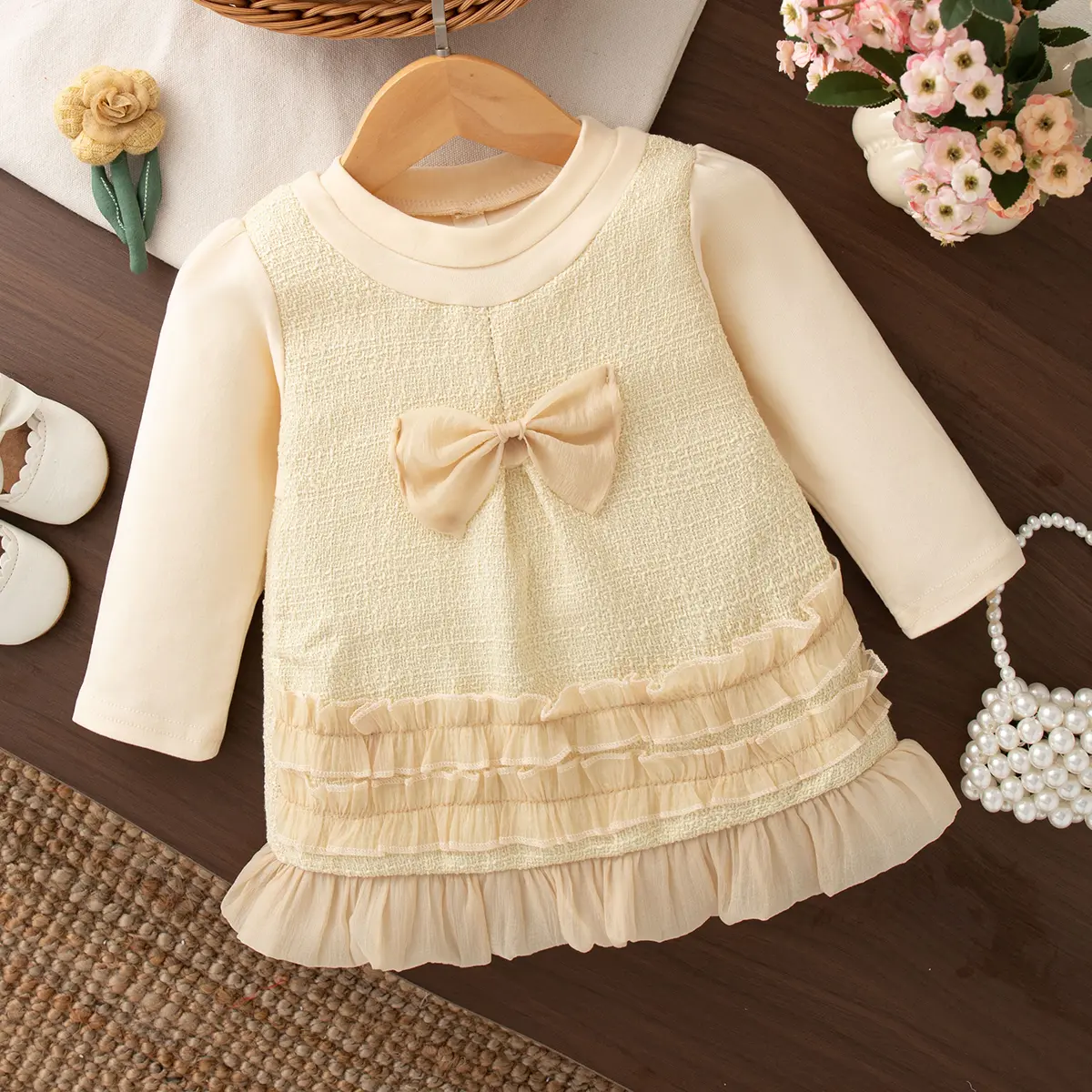 New Baby Girl Dress Spring And Autumn Long Sleeve Princess Style Solid Color Sweet Bow Children'S Clothing (6-24 Months)