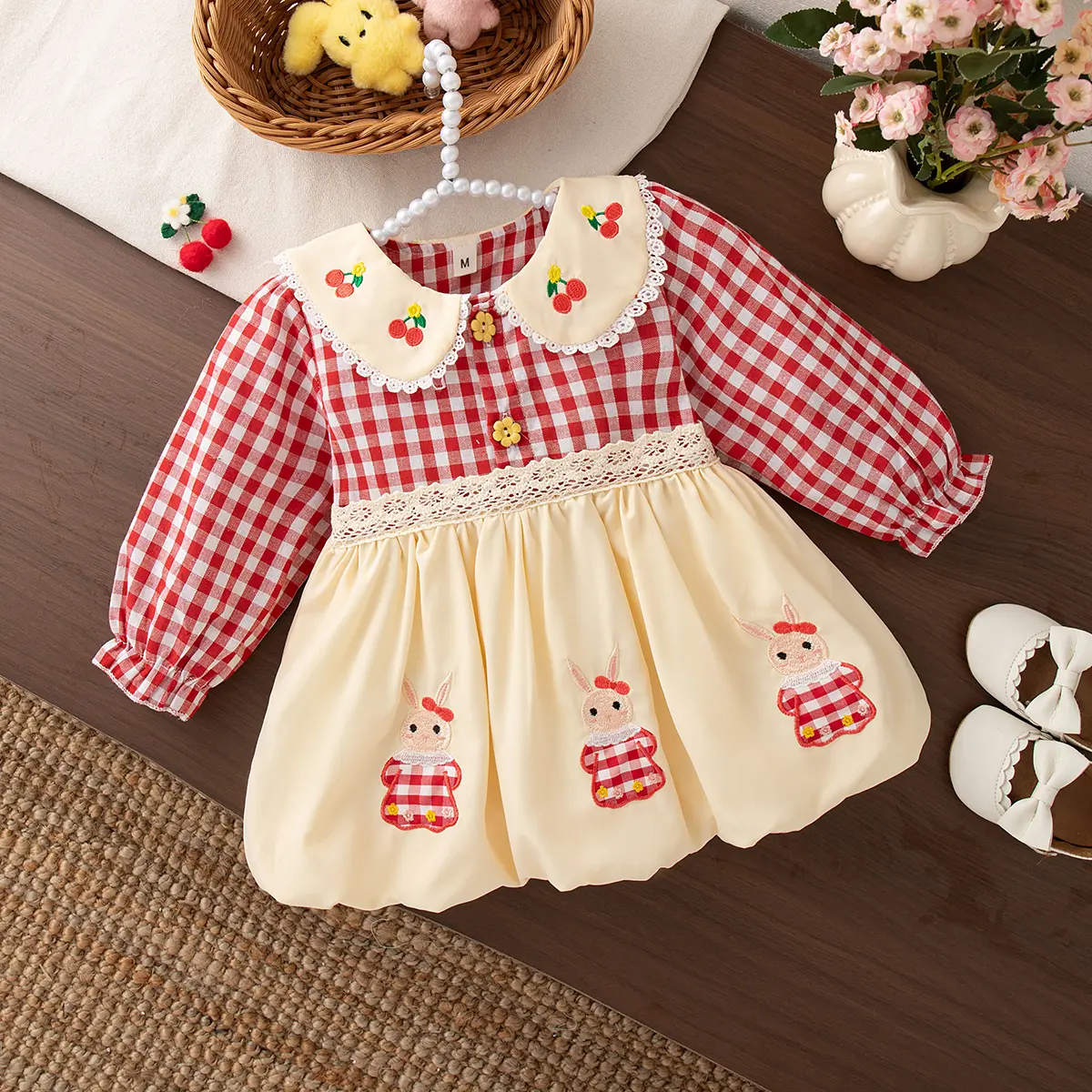 Spring And Autumn New Baby Girl Dress Sweet Cartoon Long Sleeve Rabbit Checkered Cherry Collar Children'S Clothing (6-24 Months)