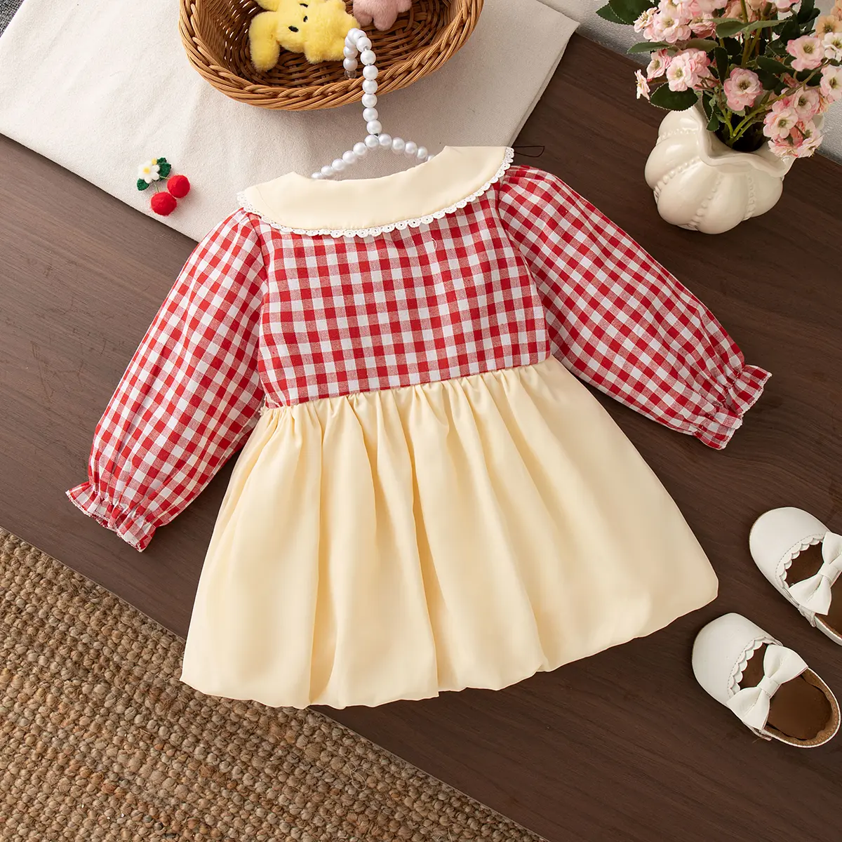 Spring And Autumn New Baby Girl Dress Sweet Cartoon Long Sleeve Rabbit Checkered Cherry Collar Children'S Clothing (6-24 Months)