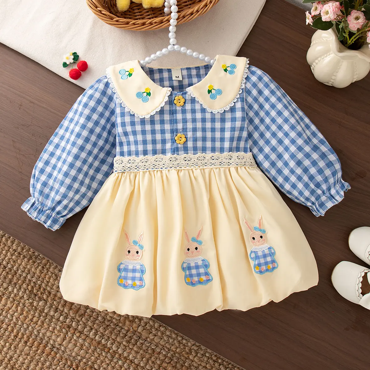 Spring And Autumn New Baby Girl Dress Sweet Cartoon Long Sleeve Rabbit Checkered Cherry Collar Children'S Clothing (6-24 Months)