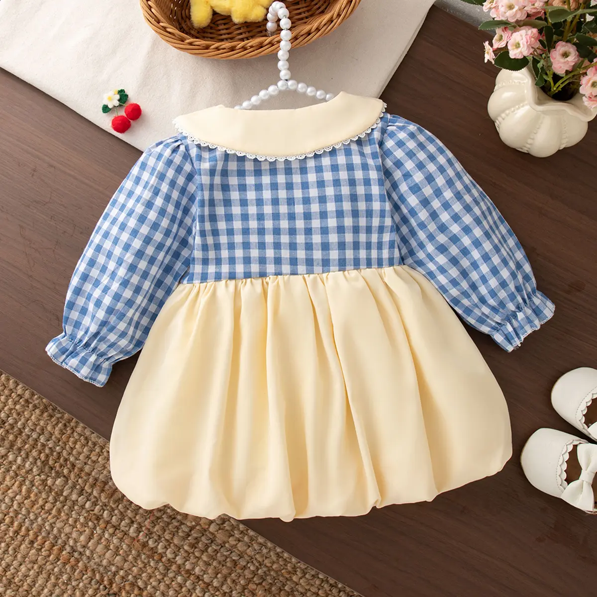 Spring And Autumn New Baby Girl Dress Sweet Cartoon Long Sleeve Rabbit Checkered Cherry Collar Children'S Clothing (6-24 Months)