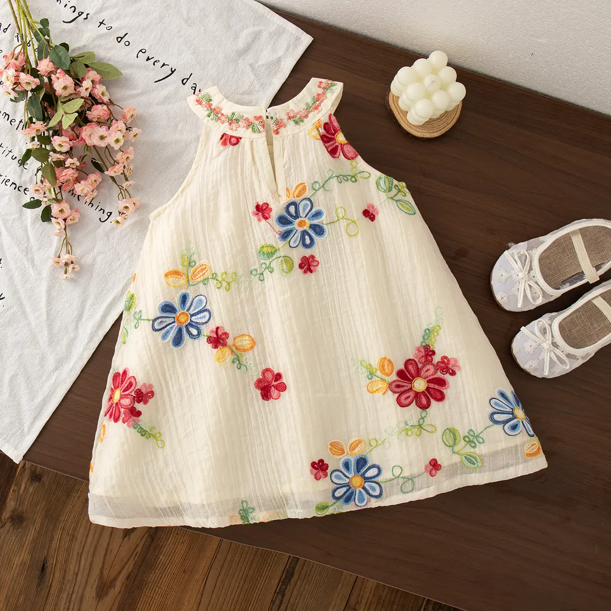 New Summer Baby Girl Dress Sweet Embroidered Flower Sleeveless Round Neck Children'S Clothing (6 Months -3 Years)