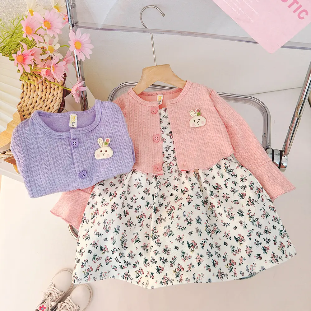 Spring And Autumn New Girl Baby Dress Sweet Rabbit Floral fake two pieces Children'S Clothing (9 Months -3 Years Old)