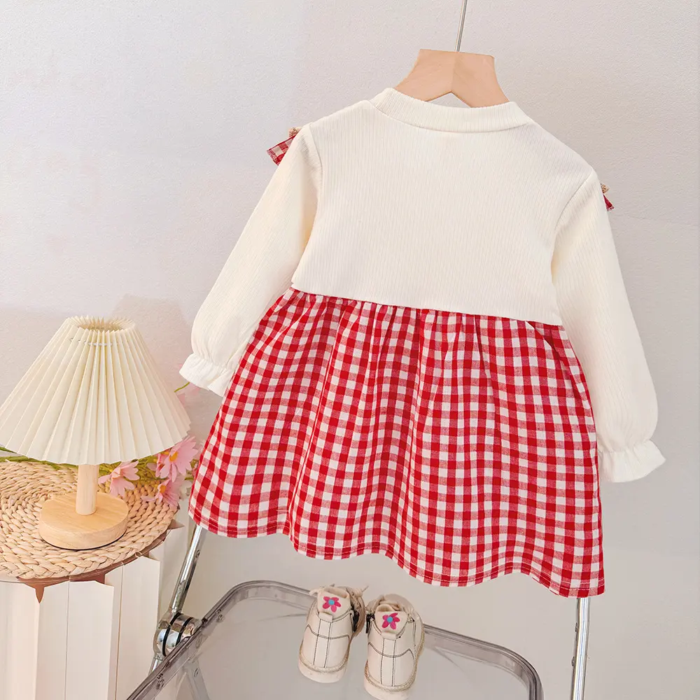 New Spring And Autumn Baby Girl Long Sleeve Dress Sweet Strawberry Plaid Children'S Clothing (9 Months -3 Years Old)