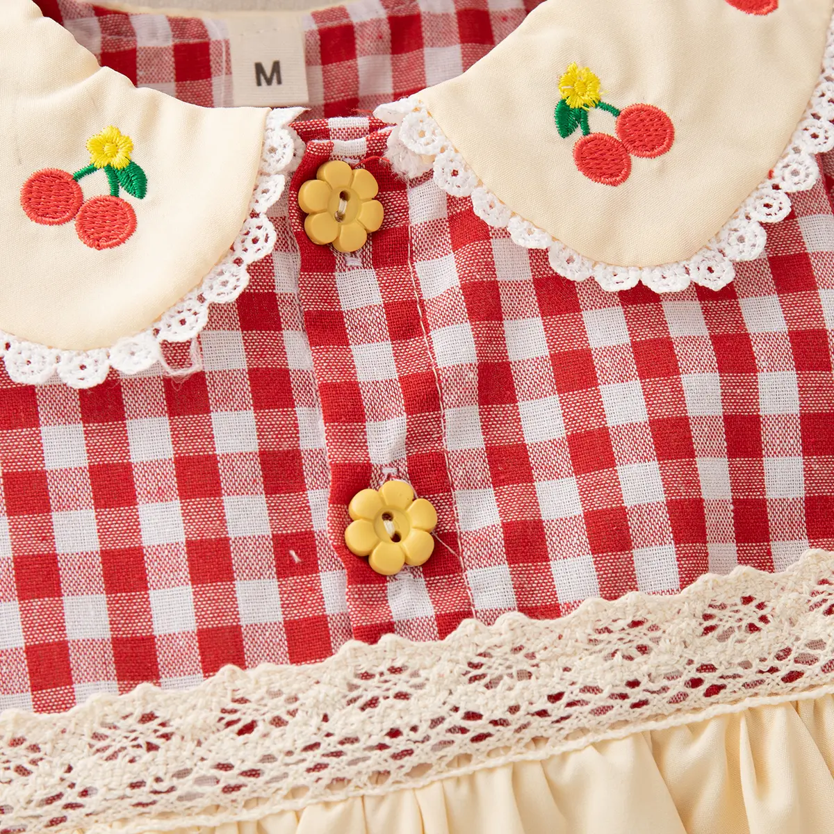 Spring And Autumn New Baby Girl Dress Sweet Cartoon Long Sleeve Rabbit Checkered Cherry Collar Children'S Clothing (6-24 Months)