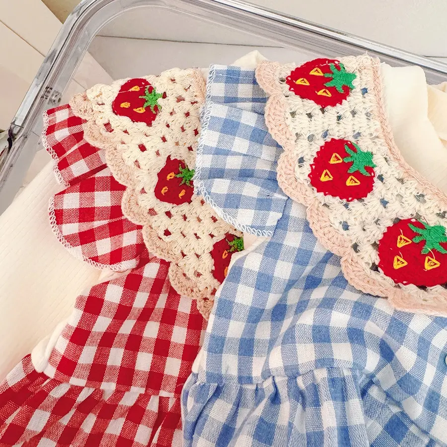 New Spring And Autumn Baby Girl Long Sleeve Dress Sweet Strawberry Plaid Children'S Clothing (9 Months -3 Years Old)
