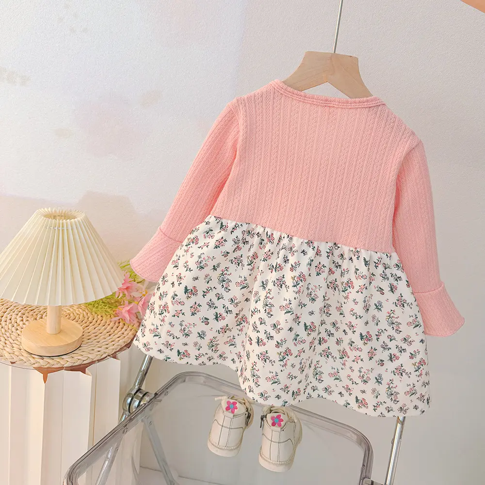 Spring And Autumn New Girl Baby Dress Sweet Rabbit Floral fake two pieces Children'S Clothing (9 Months -3 Years Old)